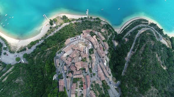 Sainte-Croix-du-Verdon in the Verdon Natural Park iin France viewed from the sky alt