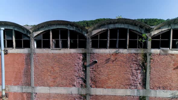 Red Brick Walls Of Abandoned Factory Viskoza In Serbia Loznica Broken Windows Aerial Drone Shot