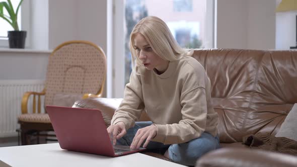 Concentrated Beautiful Caucasian Woman Surfing Internet on Laptop Sitting on Comfortable Couch in alt