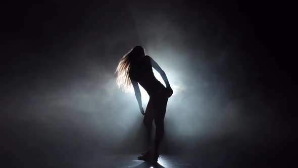 Silhouette Girl Dancing in Smoky Studio Twerk Dance. Slow Motion alt
