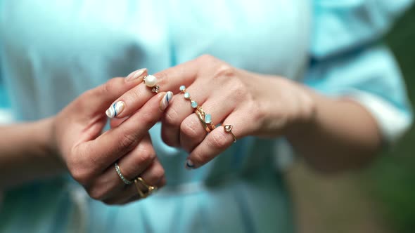 Beautiful Gypsy Woman Wears Exquisite Jewelry on Fingers Gold Rings with Natural Stones Boho Jewelry alt