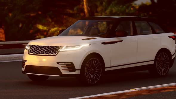 White Luxury SUV Front View Forest Road Sunset