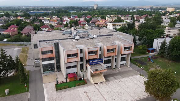 Aerial view of the cultural house in the town of Vranov nad Toplou in Slovakia alt