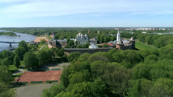 Panoramic aerial view of Veliky Novgorod, the red brick Kremlin alt