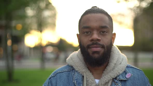 Slowmo Handsome Bearded Black Guy Walking Park Happy Optimistic Starting Laughing Smiling Looking alt
