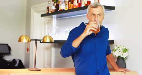 Portrait of smiling mature man drinking wine while standing at counter alt