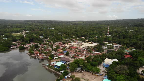 Drone Panorama of a Fishing Village on Gloomy Day