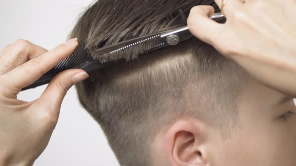 Thinning hair on the temporal area with thinning scissors close-up ...