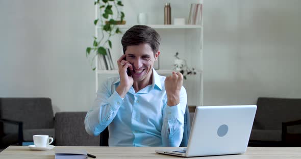 Happy Amazed Happy Businessman Talking Phone, Listening Good News, Feel Delight. Excited Male Winner alt