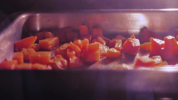 Grilling butternut in oven, panning shot. alt