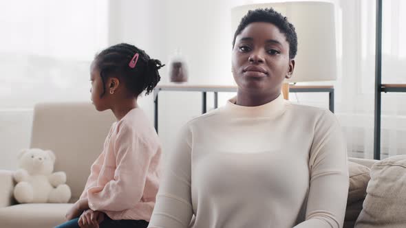 Afro American Offended Mother Black Woman Ethnic Mommy Sitting at Home Turned Away From Little alt