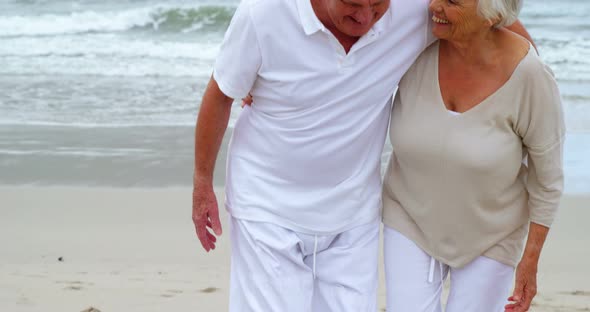 Happy senior couple walking on the beach alt