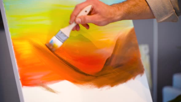 Painter using brush, oil painting. alt