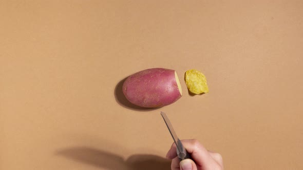 Stop Motion Animation of Cutting Potato and Transformed to Chips
