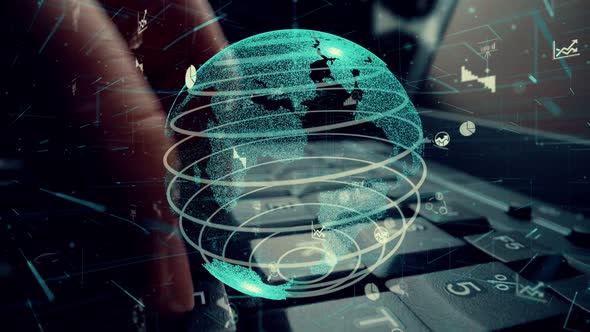 Man Working on Computer with Graphic of Business Data Analytic Modernization alt