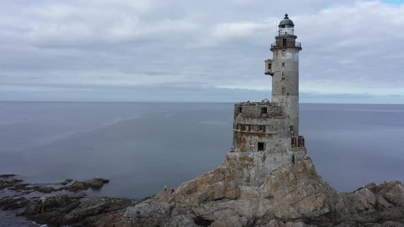 Lighthouse Aniva in Southern Point of Sakhalin Island, Russia. Aerial View.