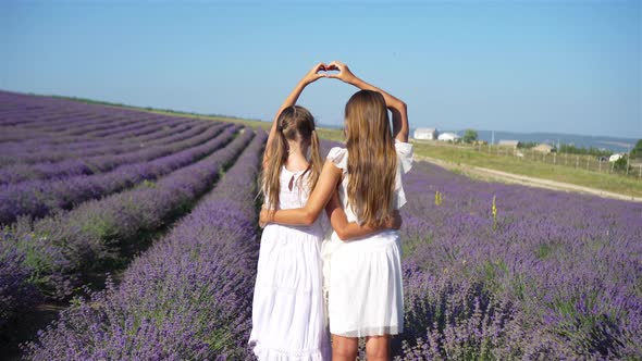 Kids in Lavender Flowers Field at Sunset in the Dresses