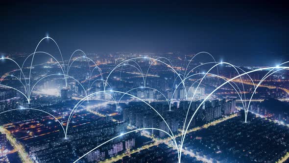 smart Connected city skyline. Futuristic network concept, city Technology. alt