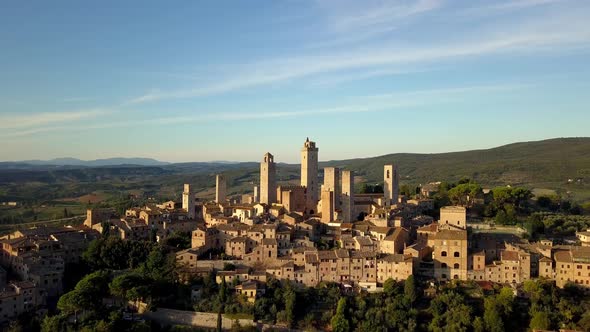 San Gimignano town in Tuscany Italy panorama of the tower structures including Torre Grossa, Aerial alt
