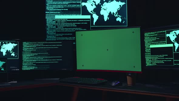Isolated Mock-Up Green Screen And Code On Multiple Computer Screens, Cyber Attack alt