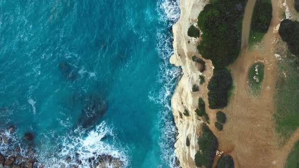Beautiful Aerial Top View Landscape Pure Blue Ocean Water Waves Crash Mountain Cyprus alt