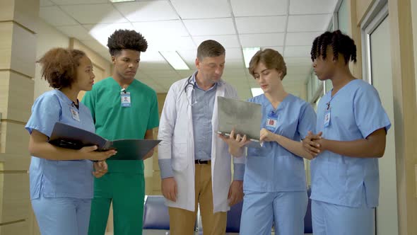 Male Doctor and Young Medical Interns have a discussing over documents in the hospital together alt