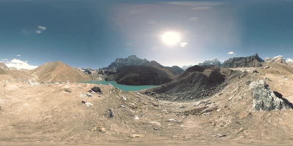 VR Gokyo Ri Mountain Lake at the Winter Season. Wild Himalayas High Altitude Nature and Mount Valley alt