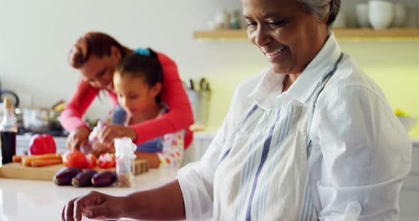 Smiling grandmother holding recipe book in kitchen 4k alt