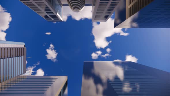 3d render of abstract bright city with skyscrapers. Simple forms of buildings in daylight. alt