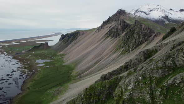 Drone Shot From Vestrahorn Mountain Of Coastline alt