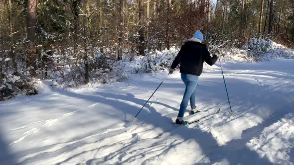 Woman Cross Country Skiing In Winter Sport During Sunny Day. - Backview, Slow Motion alt