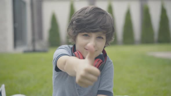 Portrait of Cute Brunette Kid Showing Thumb Up and Laughing at Camera. Cheerful Caucasian Boy Posing alt