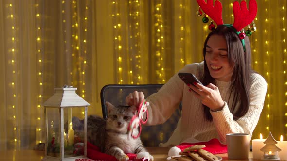 Happy Woman Playing Cat Alone Home During Christmas