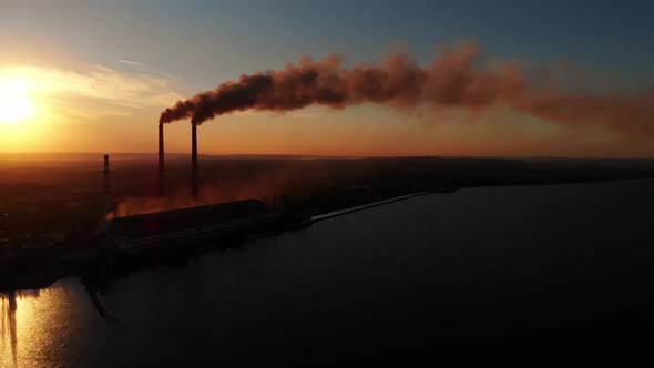 Aerial Drone View High Chimney Pipes with Dirt Smoke From Coal Power Plant
