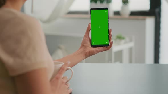 Business Woman Browsing on Internet Using Mock Up Green Screen Chroma Key Smartphone alt
