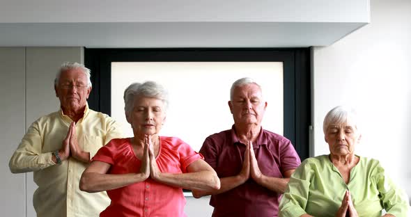 Senior citizens performing yoga alt