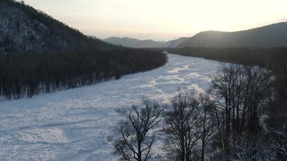 Winter Drone Flight Over the Valley of the Anyui River in Russia in the Khabarovsk Territory