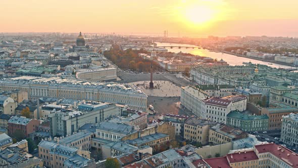 Saint Petersburg aerial ponorama of city center. Palace Squar at sunset