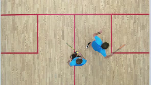 Top View of Two Sportsmen Shaking Hands After Squash Game and Leaving, Confident Caucasian Men alt