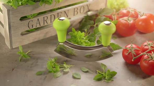 Cinemagraph Fresh Garden Herbs and Chopping Knife with Wooden Box