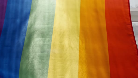 Rainbow LGBT Flag in Hand and Waving on Sunset in Sunny Rays alt