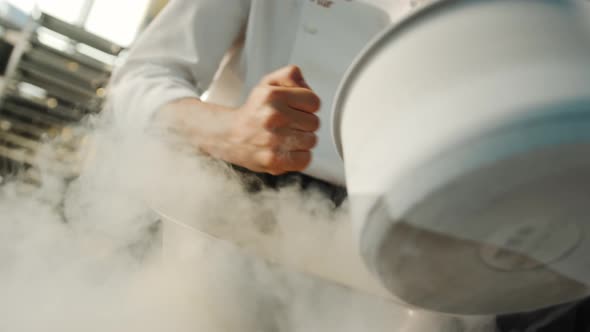 Professional kitchen: liquid nitrogen is added during the cooking of a molecular dish alt
