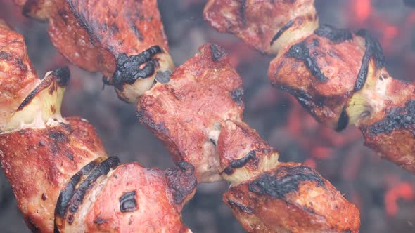 A Juicy Slice of Shish Kebab is Cooked Over the Fire
