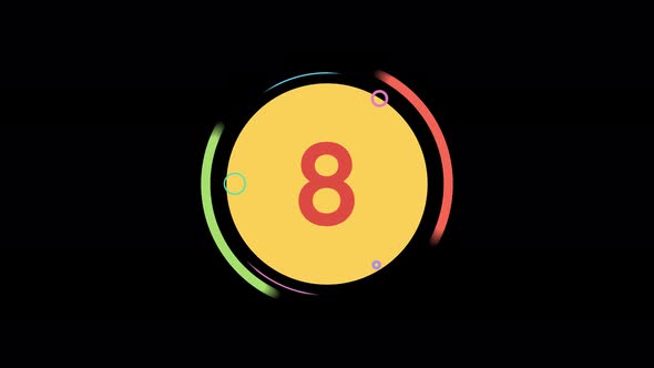 Ten to one digital countdown timer with colorful rotating circle graphic