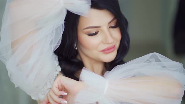 Beautiful Woman with Makeup with Beautiful Transparent Sleeves on the Dress alt