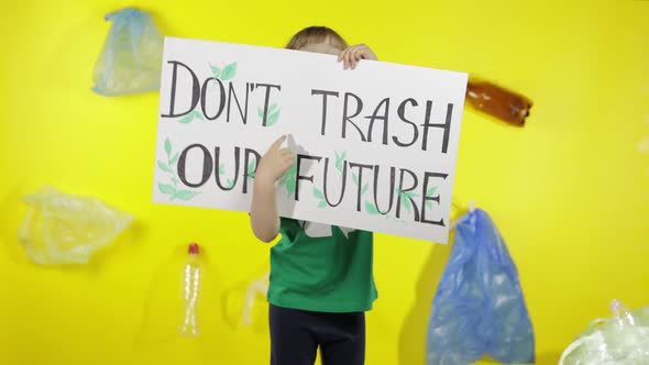 Girl Activist Holding Poster Don't Trash Our Future. Reduce Nature Pollution. Save Environment alt
