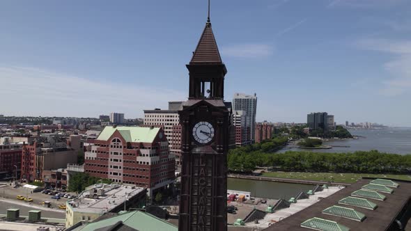 Aerial view around the Lackwana clock tower at the Hoboken NJ Transit Terminal, in New Jersey, USA - alt