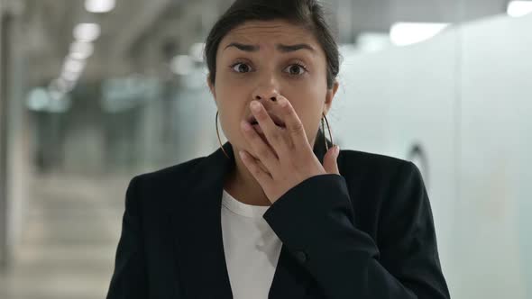Portrait of Upset Young Indian Businesswoman Feeling Shocked alt