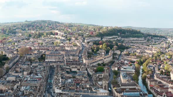 Slider drone shot over old buildings in Bath UK alt