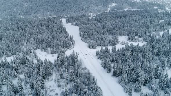 Car Running Through Winter Woods In Mountains